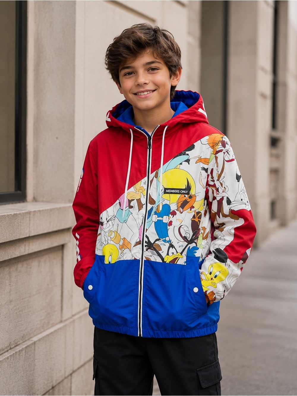 New COLOURBLOCK LOONEY TUNES JACKET IN RED BLUE Men’s M Womens L